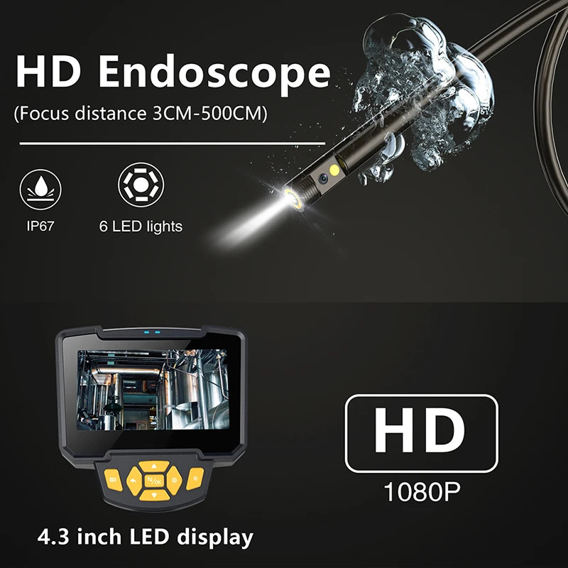Промышленная камера-эндоскоп 8 мм 1080P HD Single & Dual 4,3 ''LCD цифровой бороскоп IP67 водонепроницаемая змеевидная камера с 6 светодиодный — изображение 5